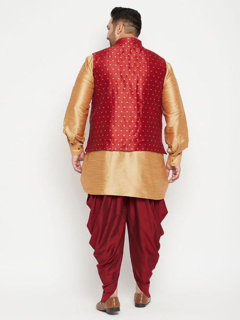 Vastramay Men's Plus Size Rose Gold Zari Weaved Nehru Jacket With Curved Kurta Dhoti set